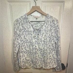 Rebecca Taylor White and Blue Floral Tie-Neck Blouse